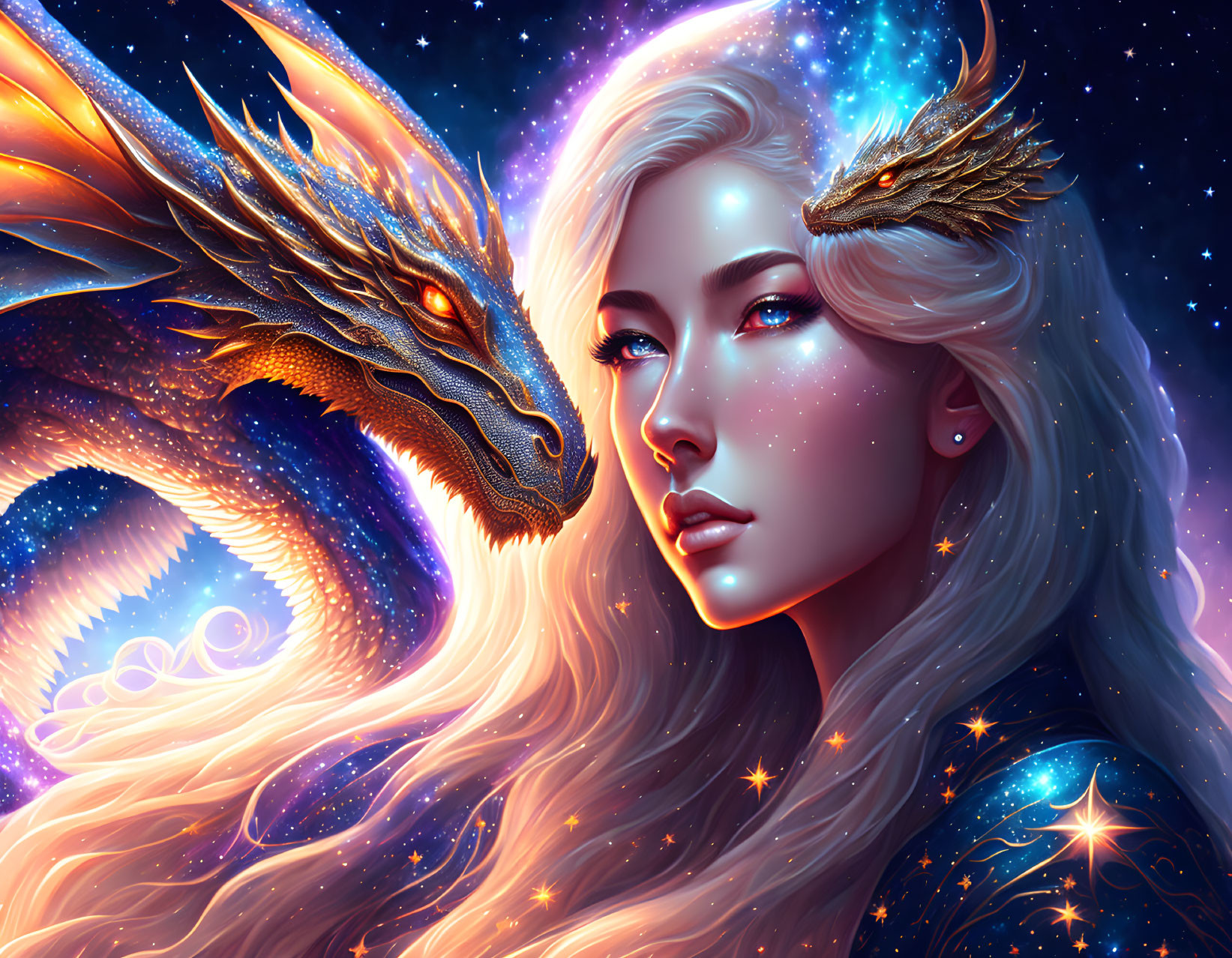 Blonde-haired woman and dragon in cosmic digital art