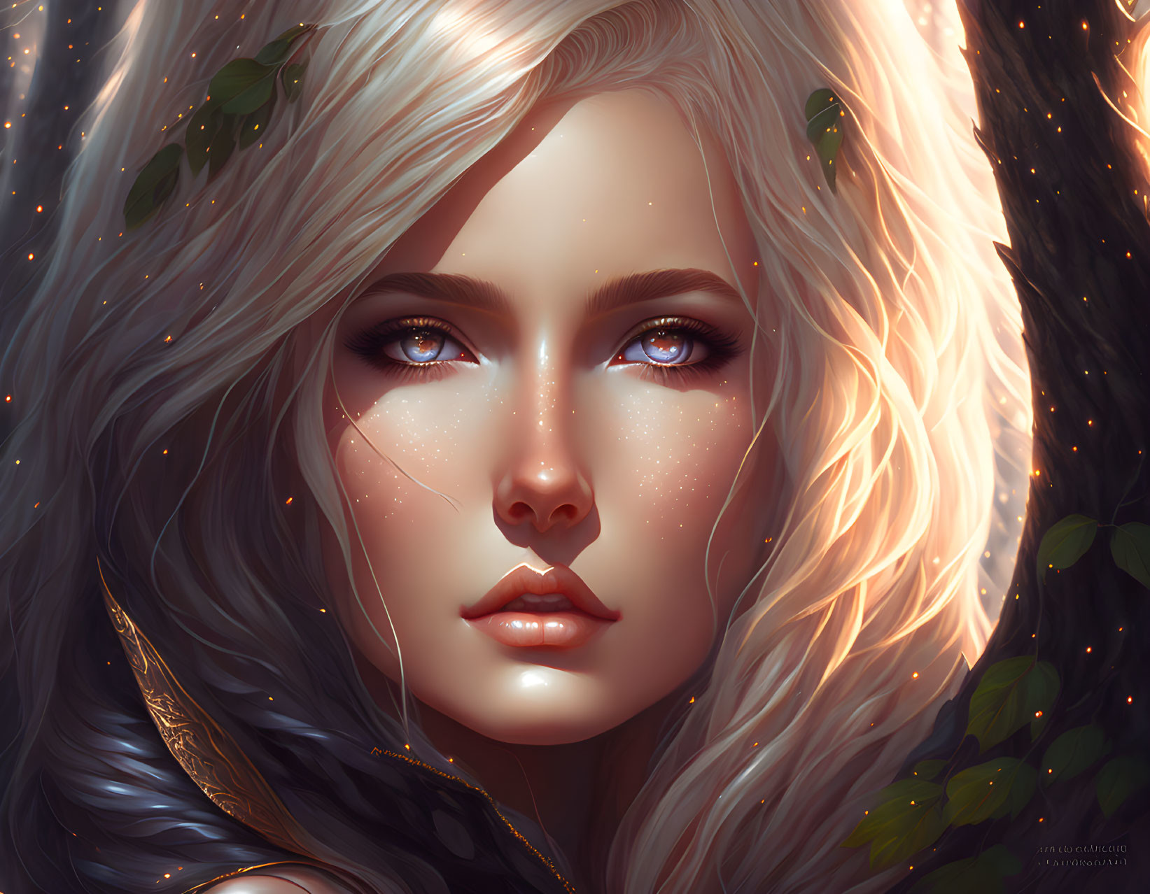 Fantasy character digital portrait with luminescent blue eyes and platinum blonde hair.