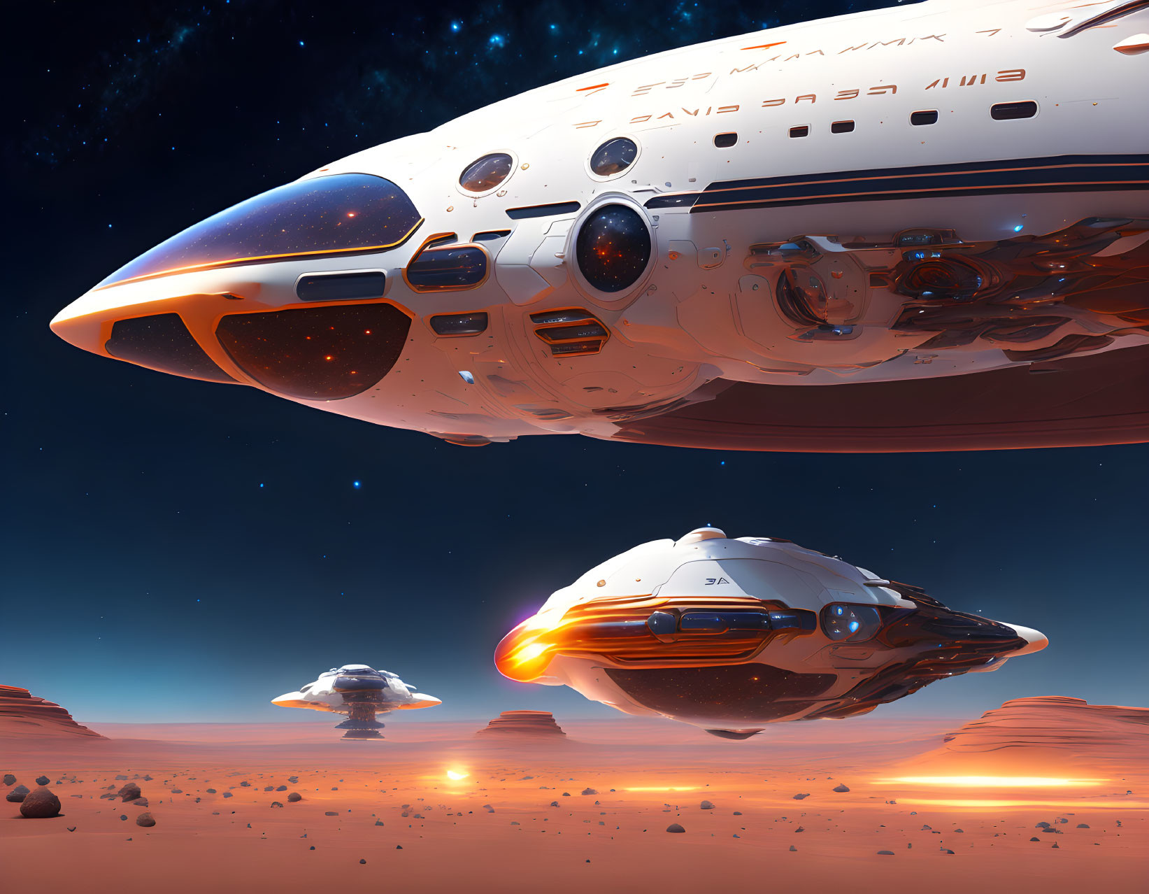 Futuristic spaceships over desert landscape at twilight