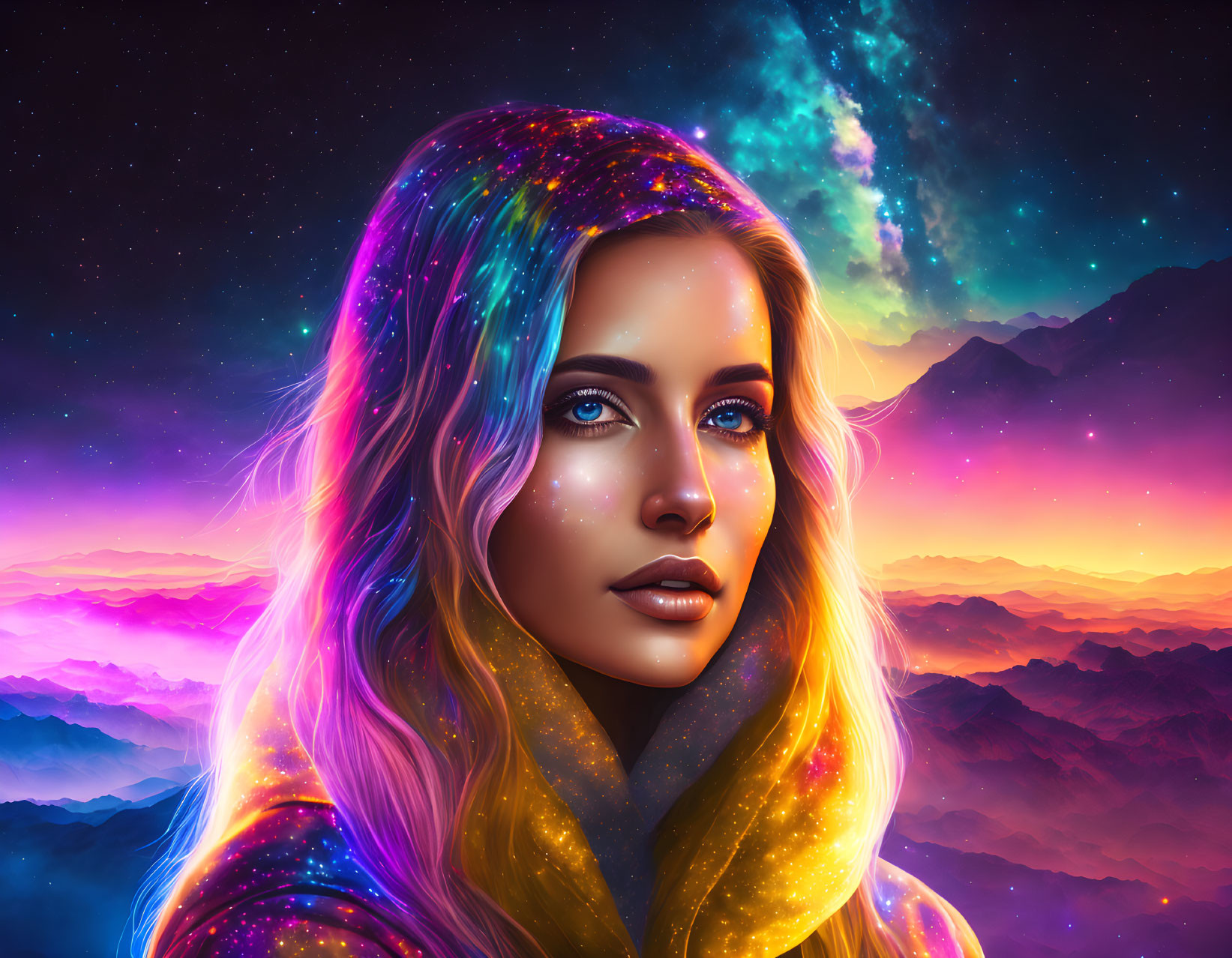 Colorful woman with galaxy hair in cosmic landscape