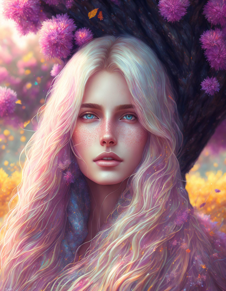 Blond Woman Portrait with Pink Blossoms and Blue Eyes
