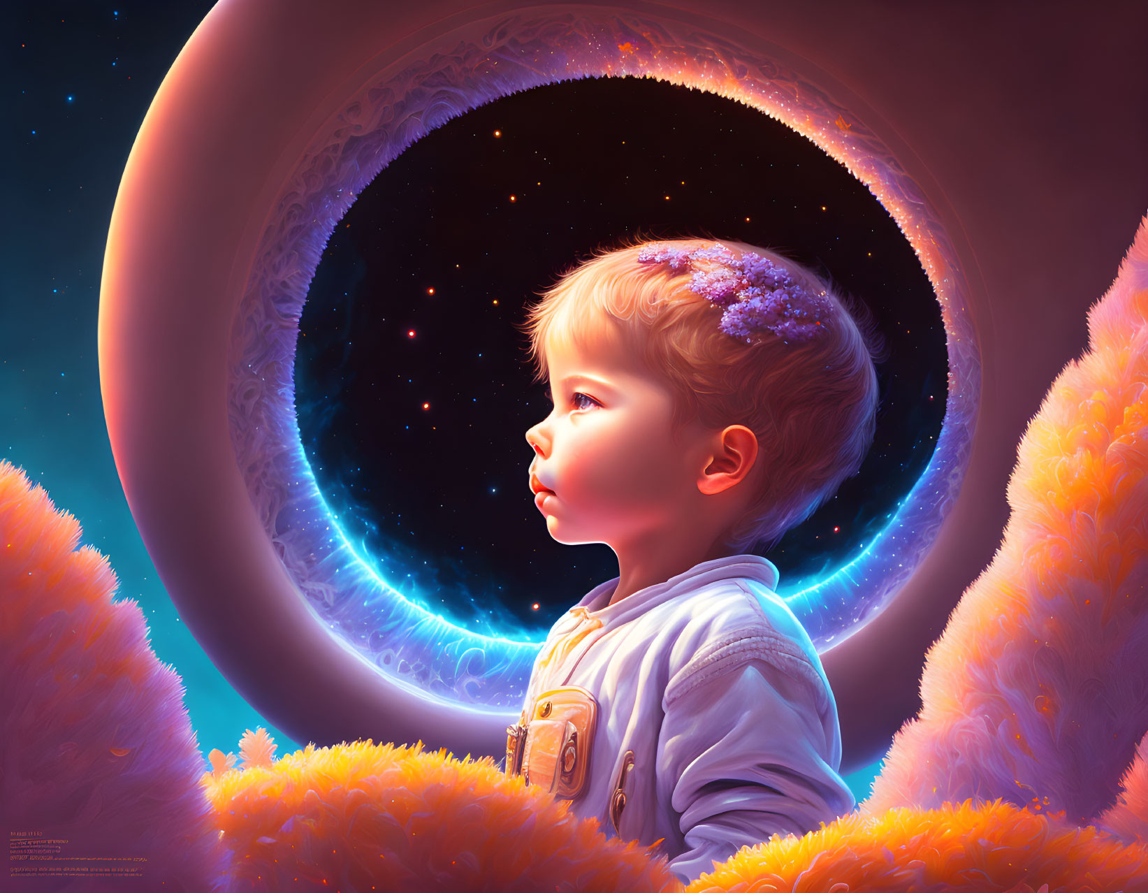 Child in denim jacket surrounded by orange foliage gazes at cosmic portal in starry sky