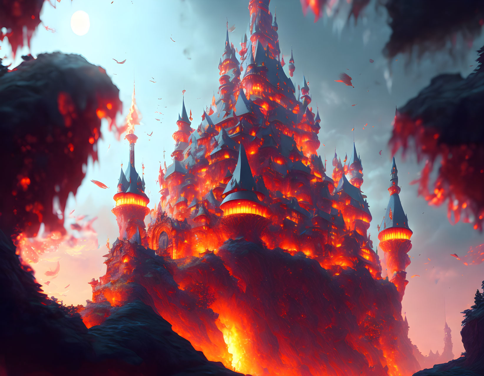 Fantastical lava castle with spires and towers in red sky scenery