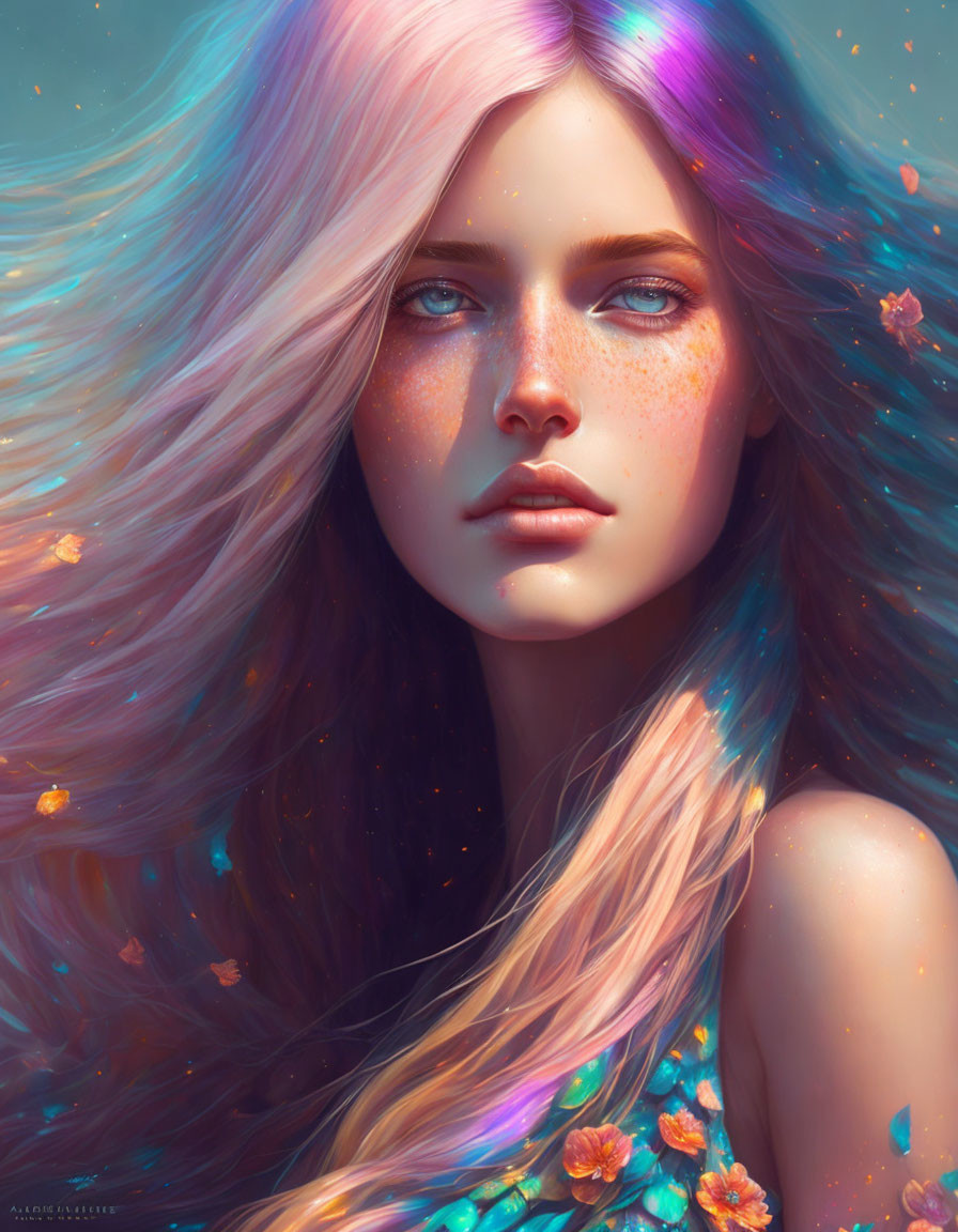 Ethereal digital artwork: Woman with flowing pink and blue hair, surrounded by floating flowers and sparkling