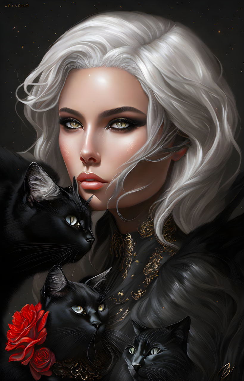 Illustrated portrait of woman with green eyes, white hair, black cats, red rose, starry