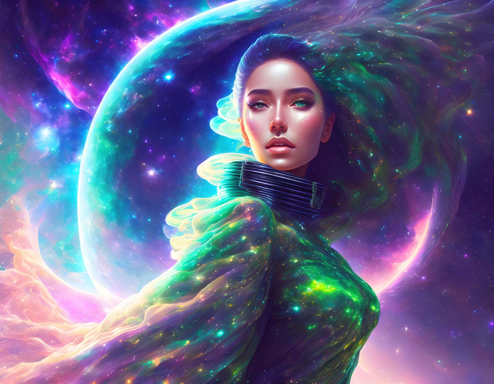 Digital Artwork: Woman merging with starscape, vibrant planet & nebulae
