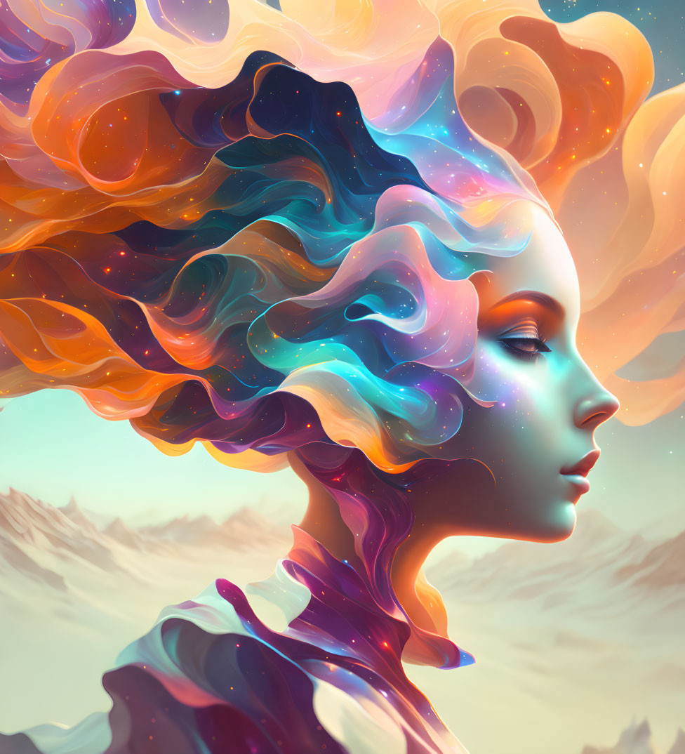 Vibrant cosmic colors in surreal portrait of woman above mountainous landscape