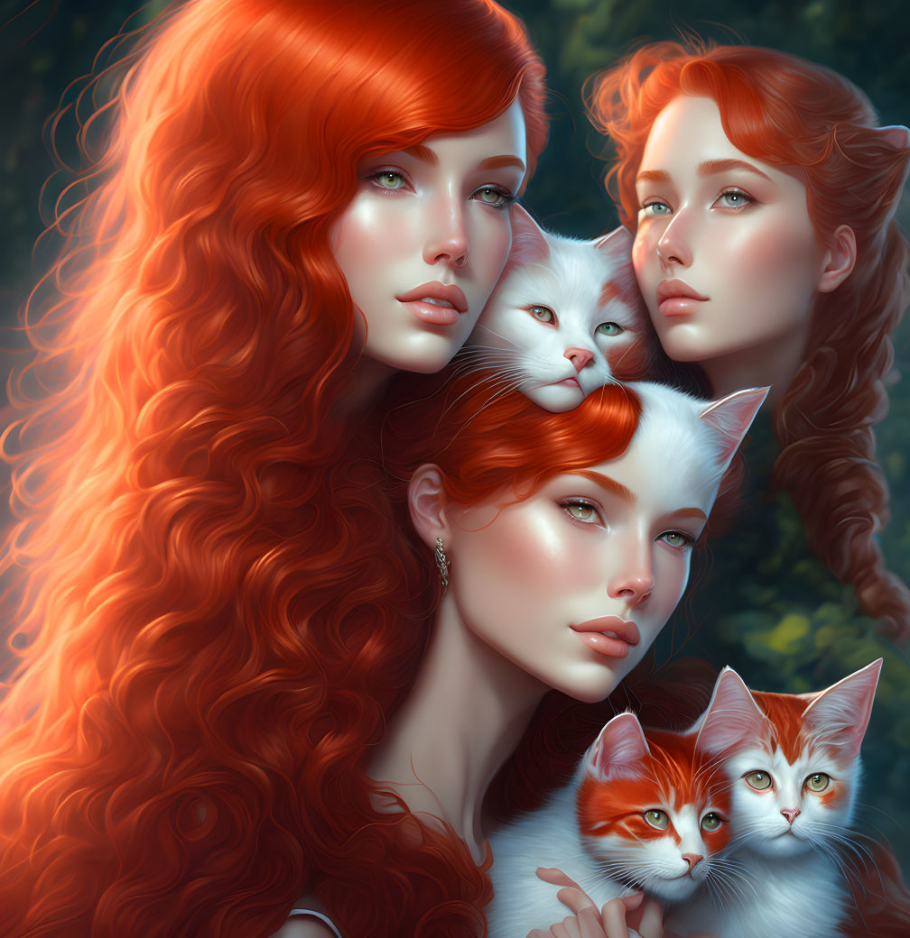 Vibrant image of three red-haired women with cats in lush setting