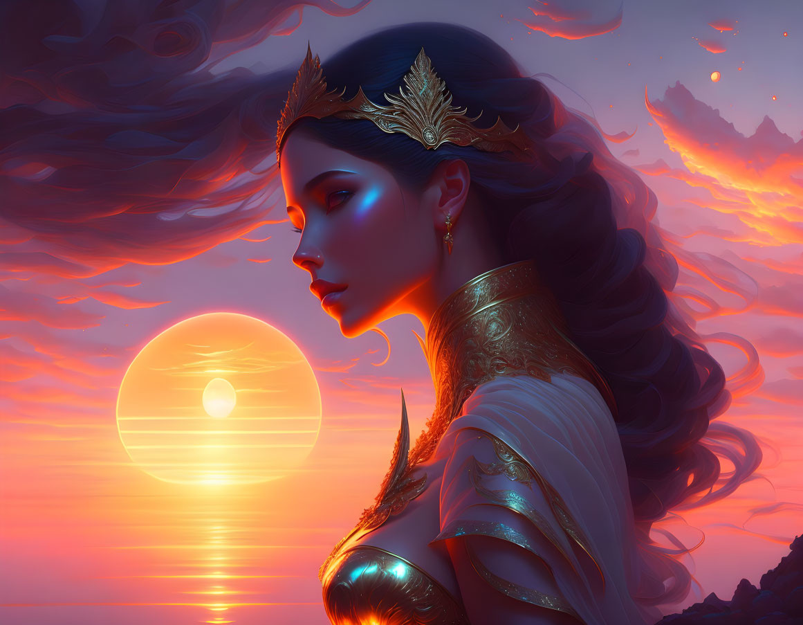 Regal woman in golden crown and armor against vibrant sunset.