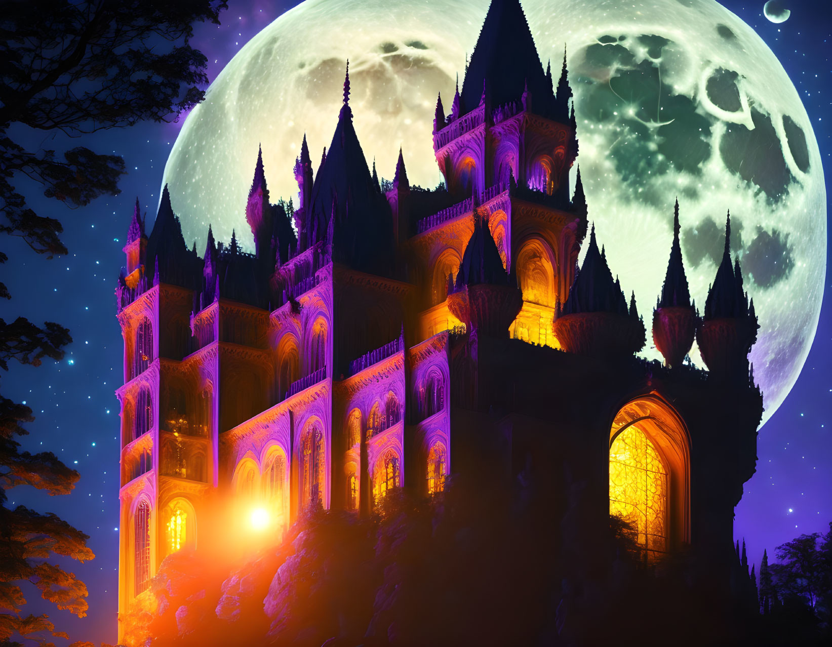 Gothic castle under warm light with detailed moon and silhouetted trees