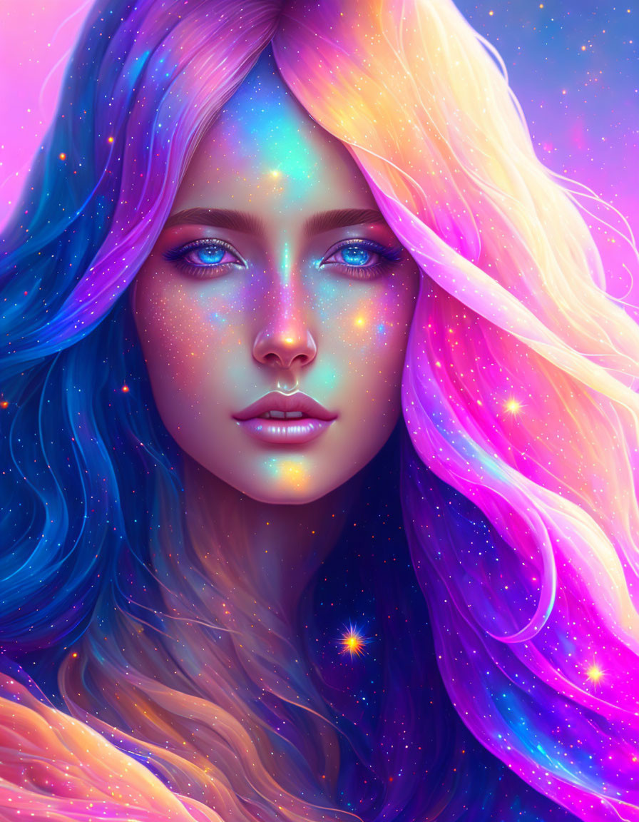 Vibrant galaxy-themed digital portrait of a woman with rich purples, blues, and p
