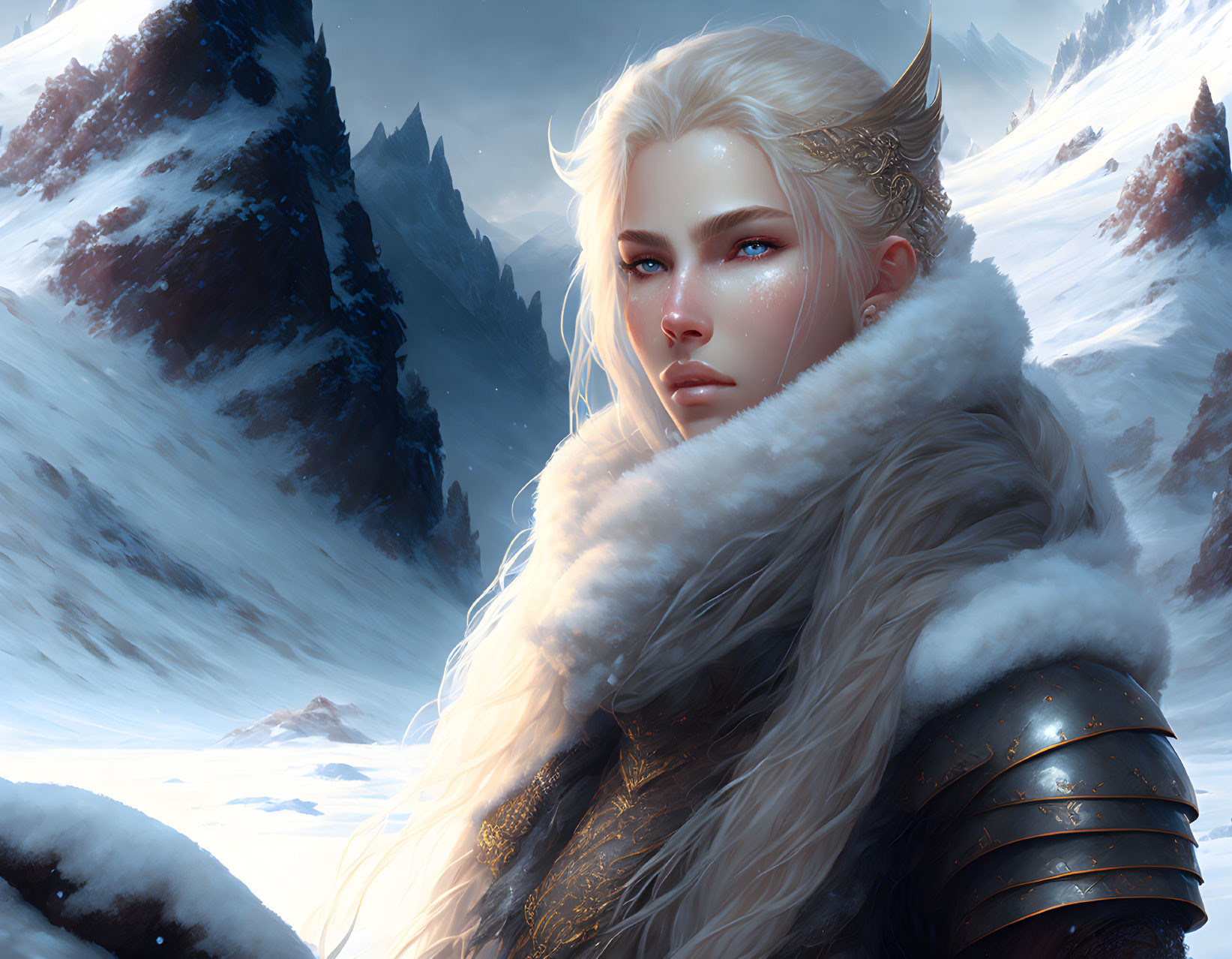 Fierce woman with blue eyes and blonde hair in fur and armor on snowy mountain.