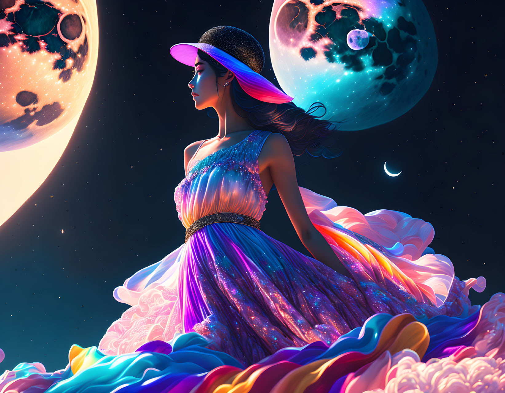 Colorful Woman in Flowing Dress Amid Cosmic Planets and Stars