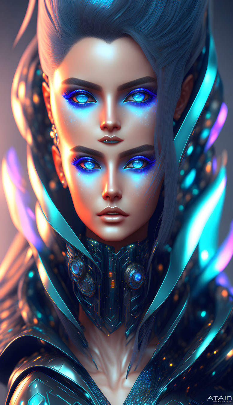 Female Figure in Futuristic Armor with Blue Glowing Eyes and Metallic Accents