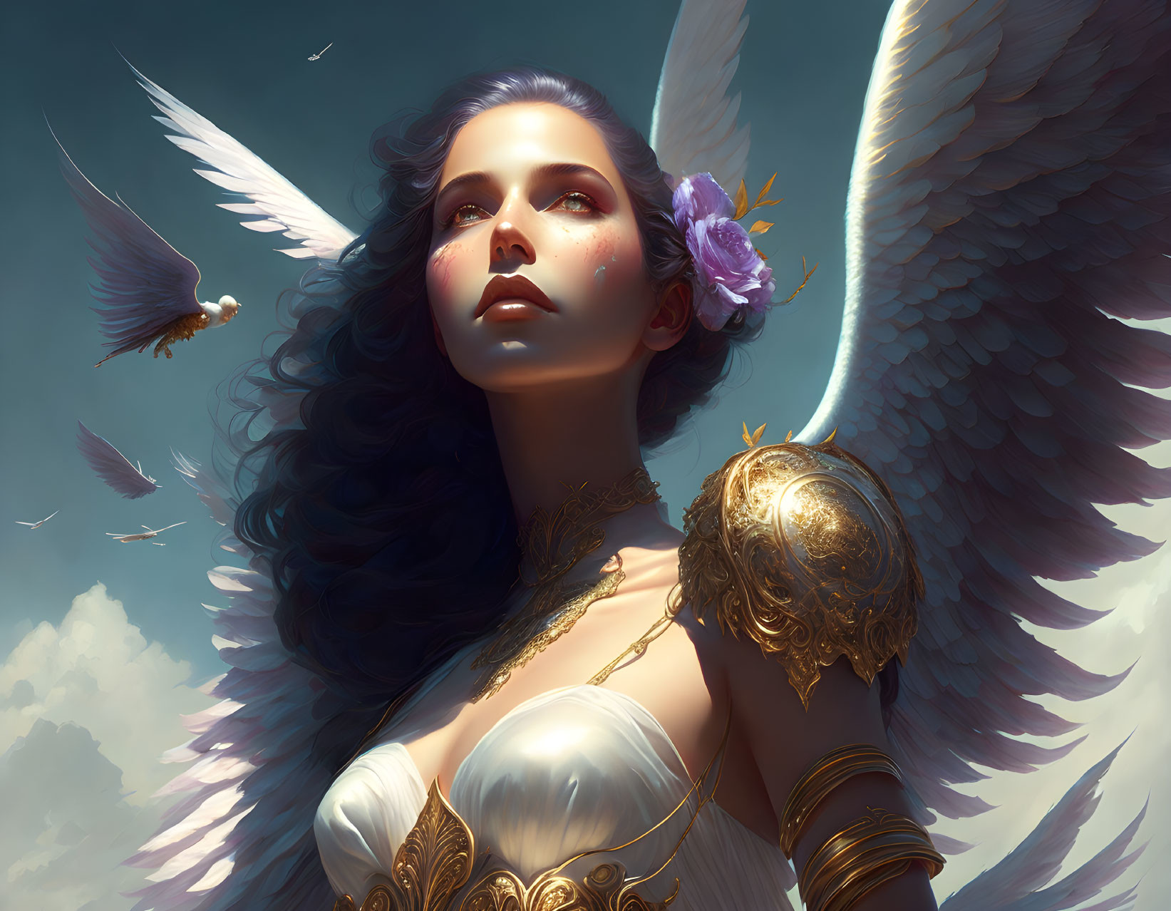 Majestic woman with angelic wings and golden armor gazing skyward among soaring birds on cloudy