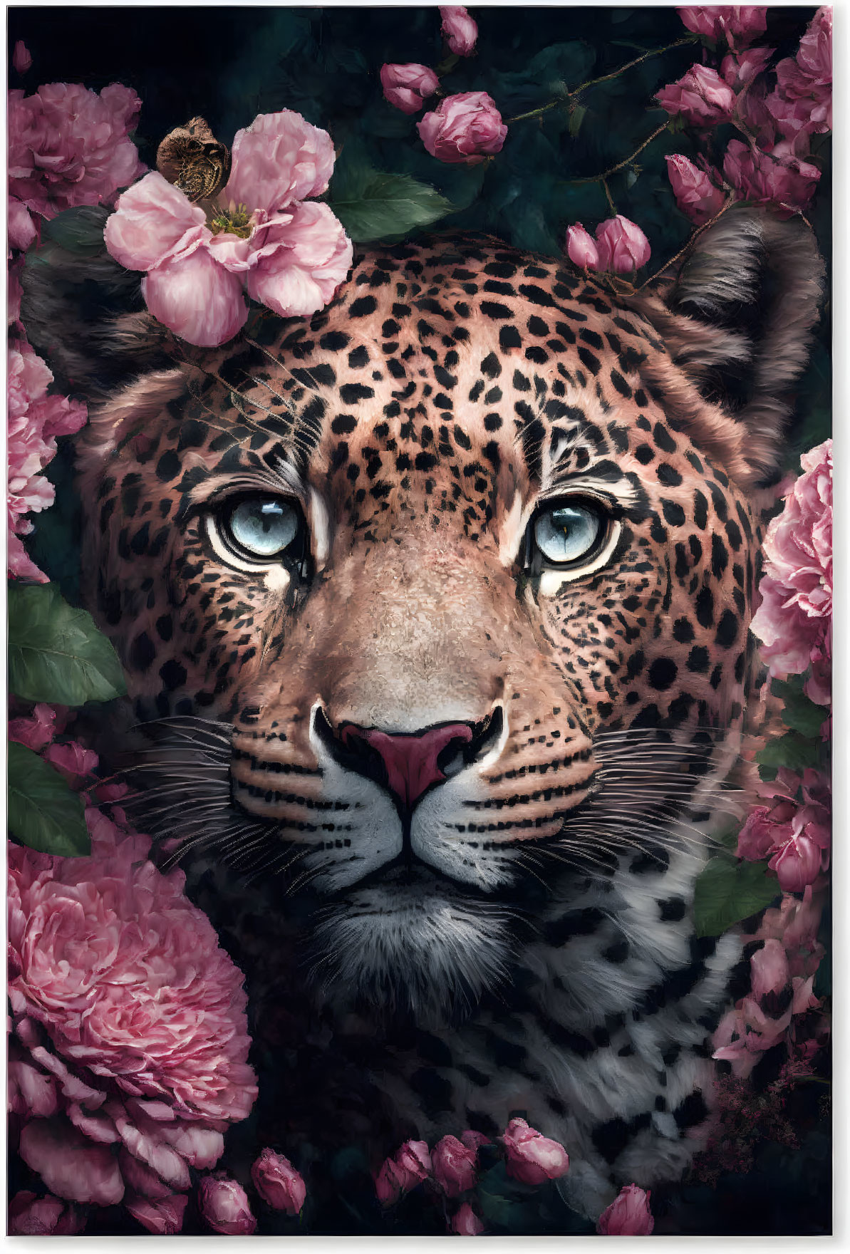 Detailed Jaguar Face Surrounded by Pink Peonies and Butterfly