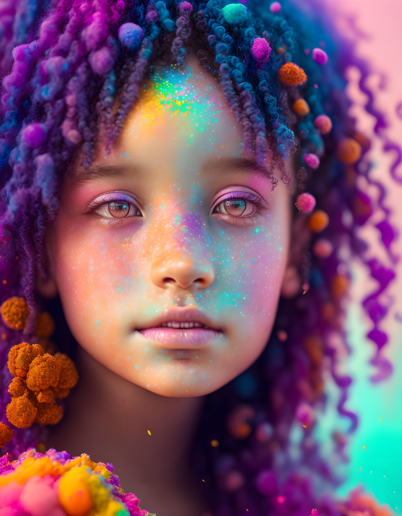 Colorful curly hair child with pom-poms and glitter on face against pinkish-blue backdrop