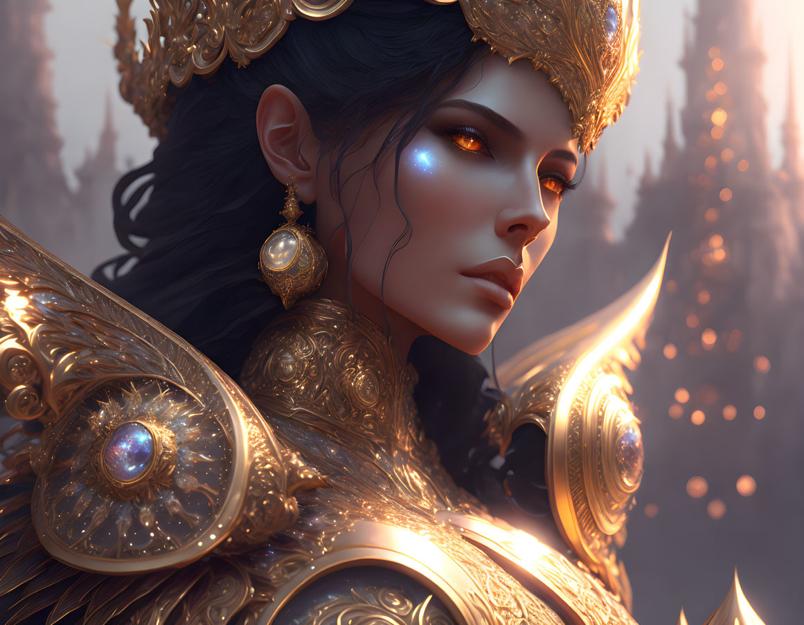 Digital art portrait of a woman in golden armor with glowing blue eyes