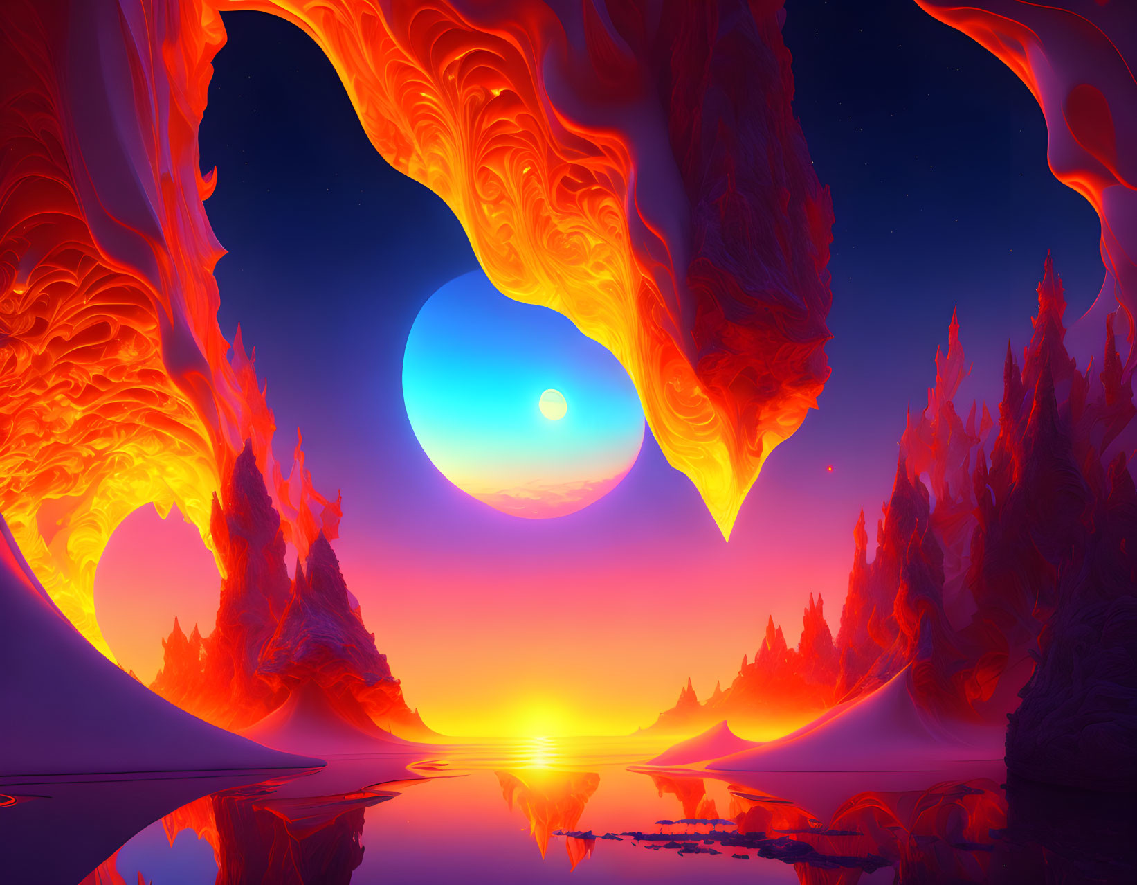 Surreal landscape digital artwork with orange flame-like formations