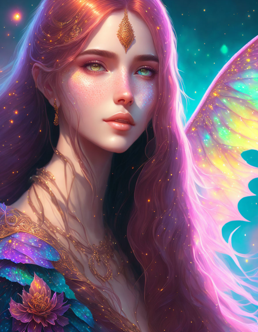 Fantasy illustration of woman with long wavy hair and butterfly wings