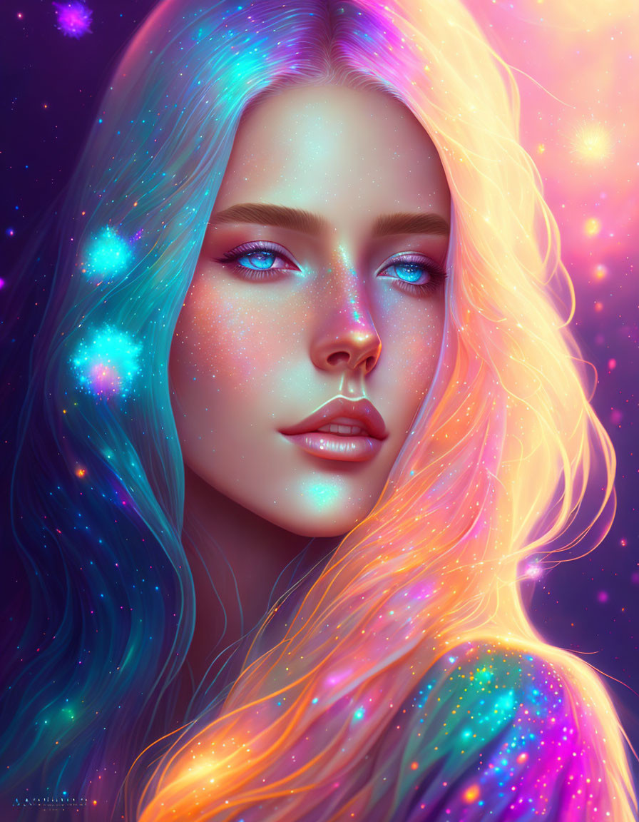 Multicolored Hair Woman in Cosmic Fantasy Portrait