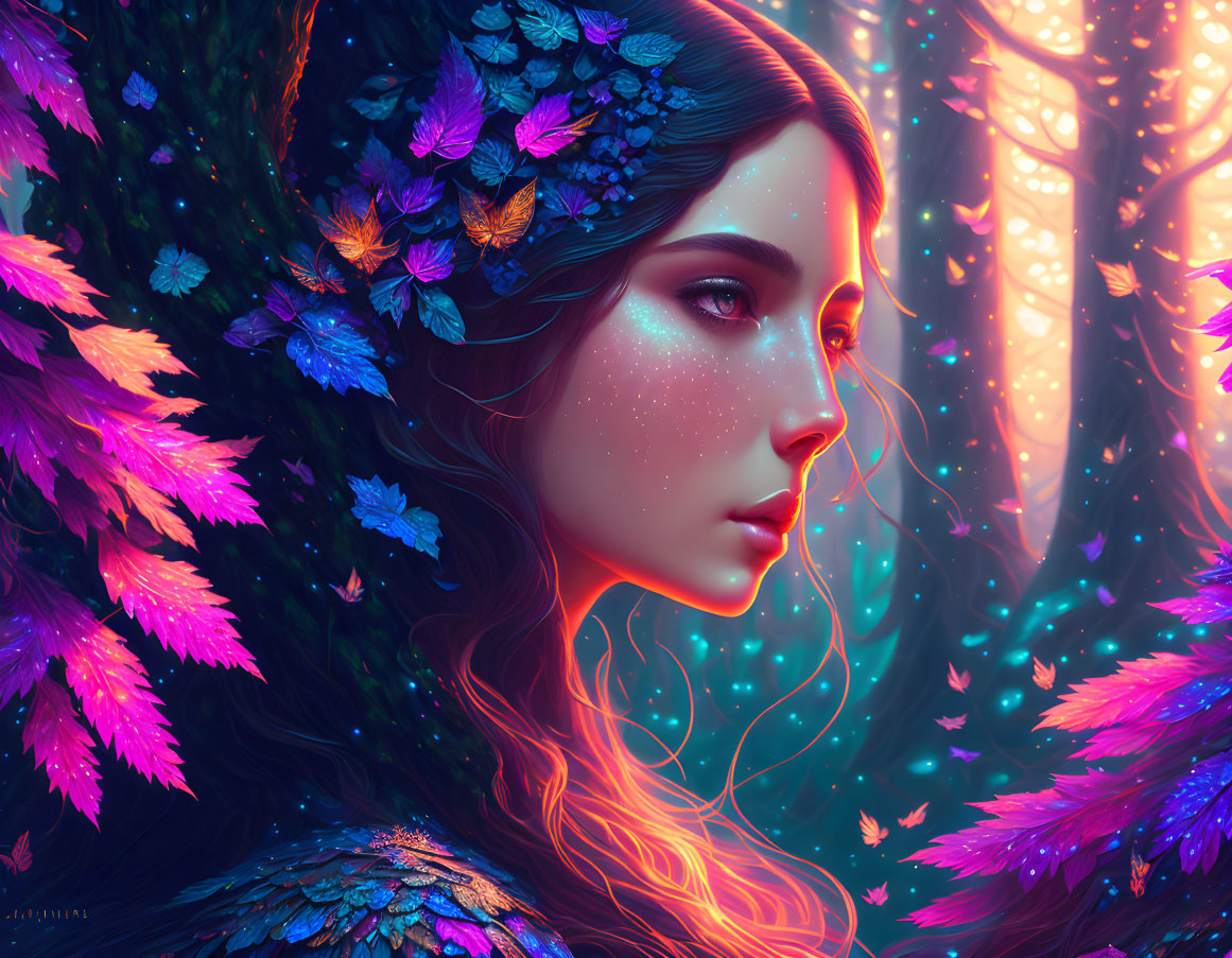 Digital artwork featuring woman with glittering skin and vibrant blue and purple leaves in hair against ethereal forest