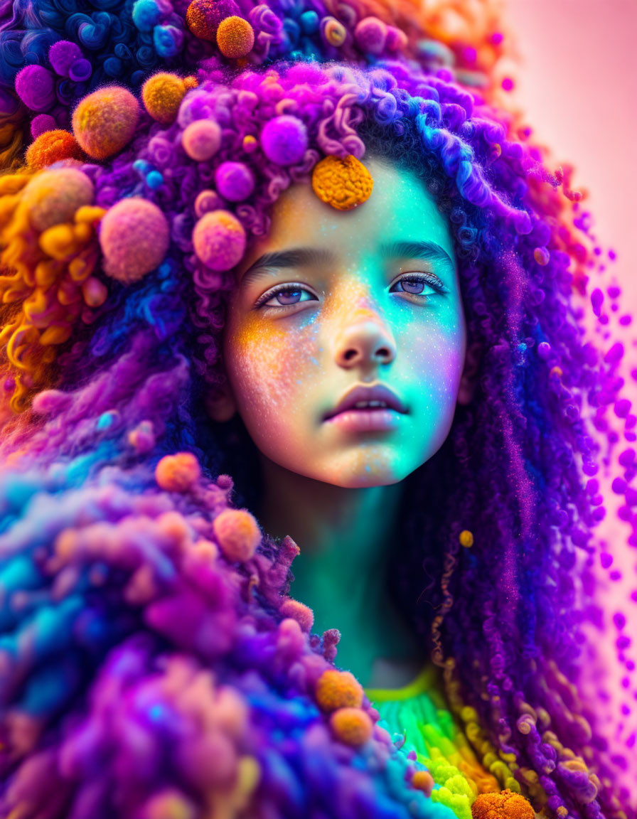 Colorful Makeup and Curly Hair with Pom-Poms on Soft Gradient Background