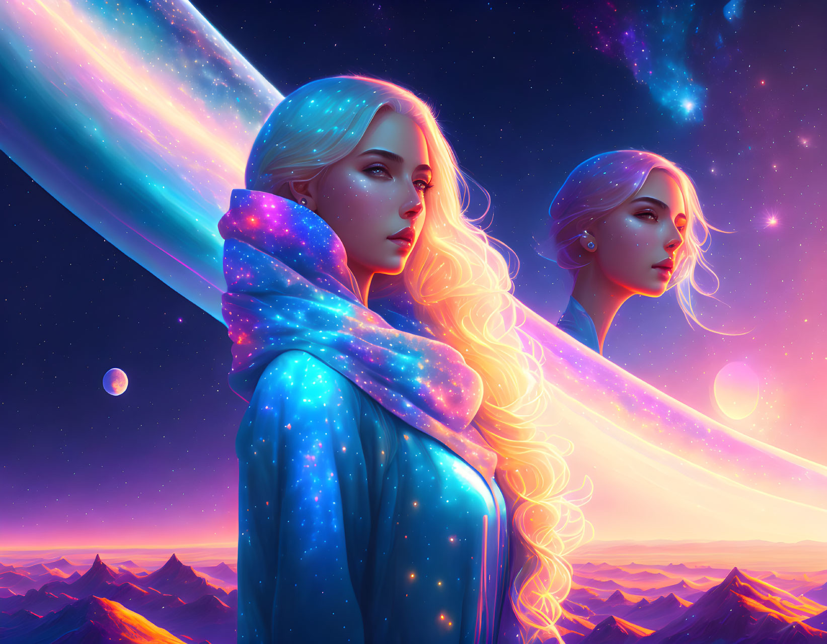 Two women with luminescent hair in starry night setting.