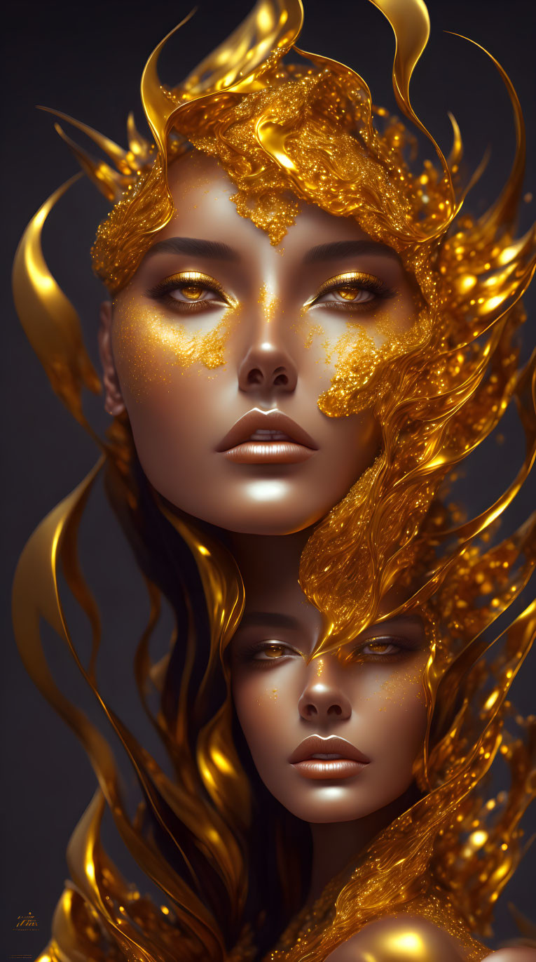 Golden-skinned women in ornate headdresses with molten gold swirls.