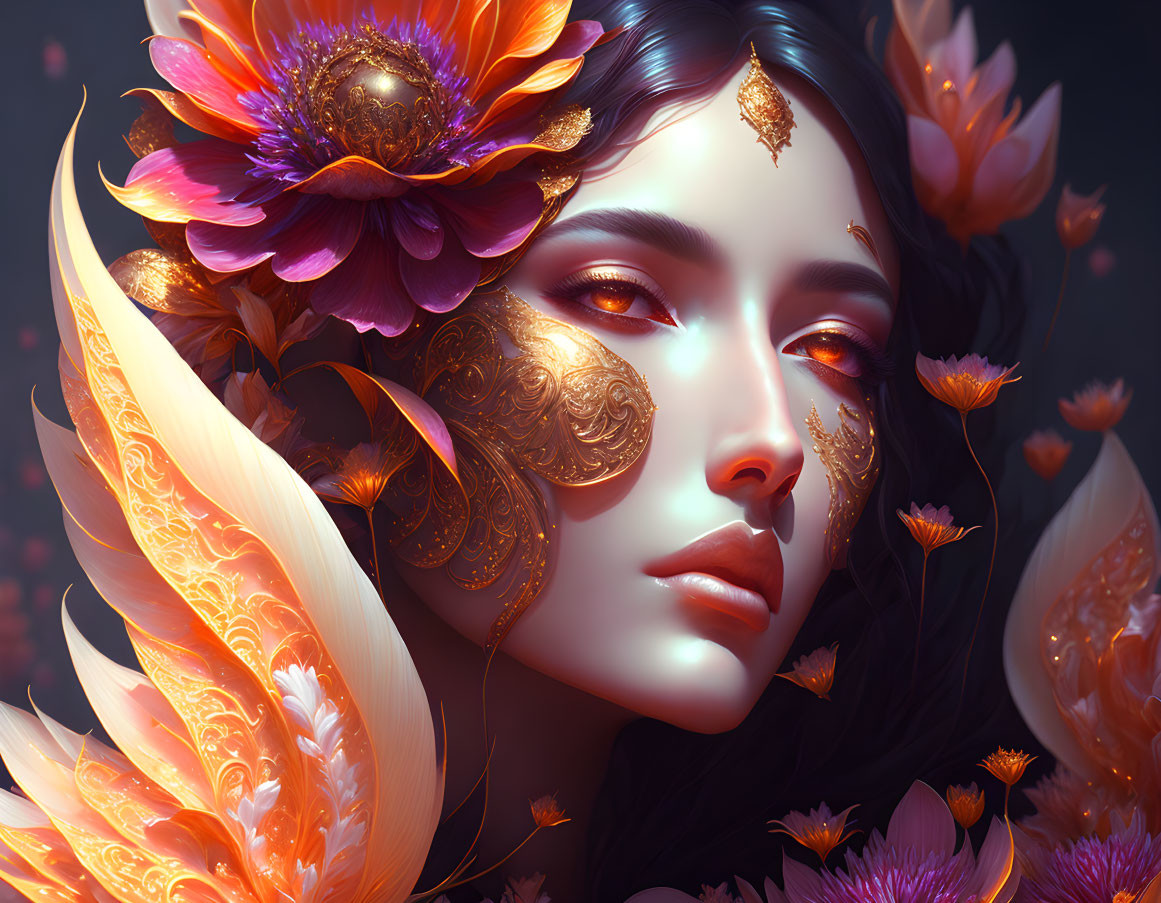 Digital Artwork: Woman with Golden Floral Patterns, Orange Feathers & Flowers