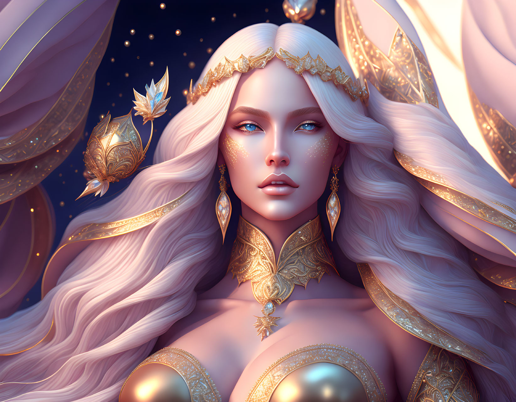Fantasy digital artwork of woman with white hair in golden attire on starry night.