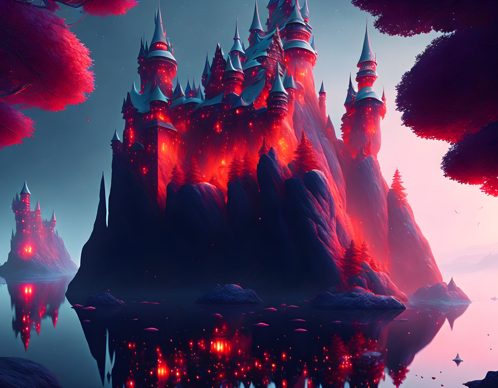 Crimson castle with spires on mountain island by serene lake