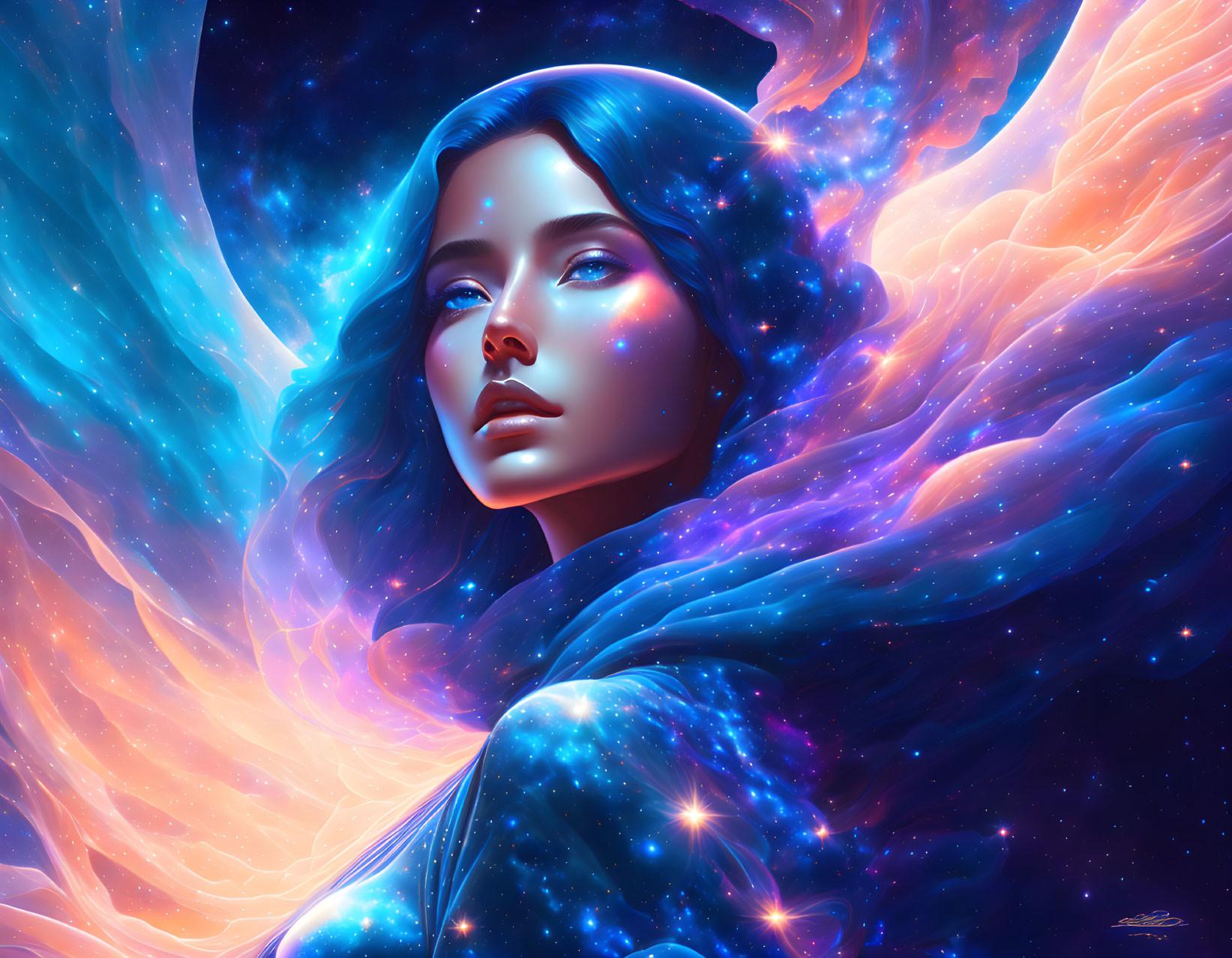 Digital artwork featuring woman with cosmic features