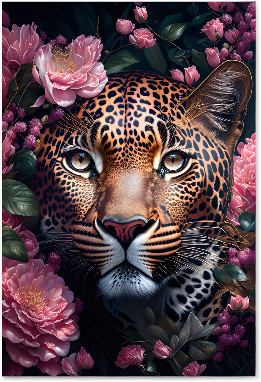 Detailed Leopard Face Illustration Among Pink and White Flowers