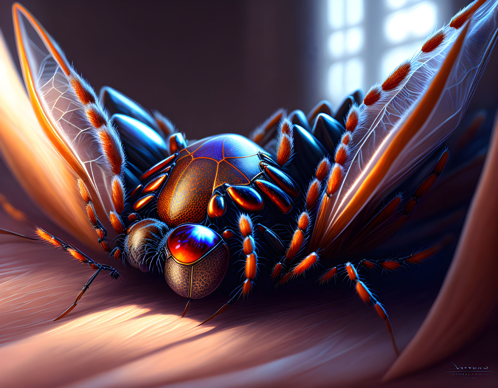 Mechanical insect digital illustration with intricate gears and delicate wings.