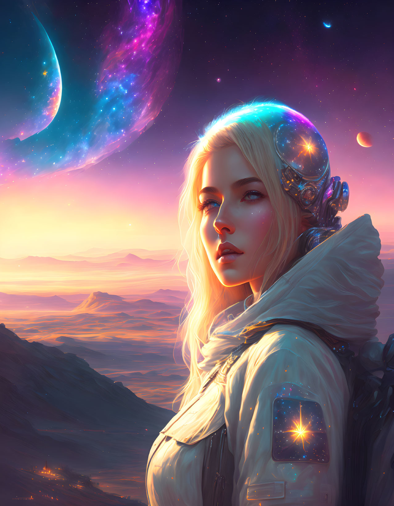 Futuristic woman in space helmet on alien planet with colorful sky