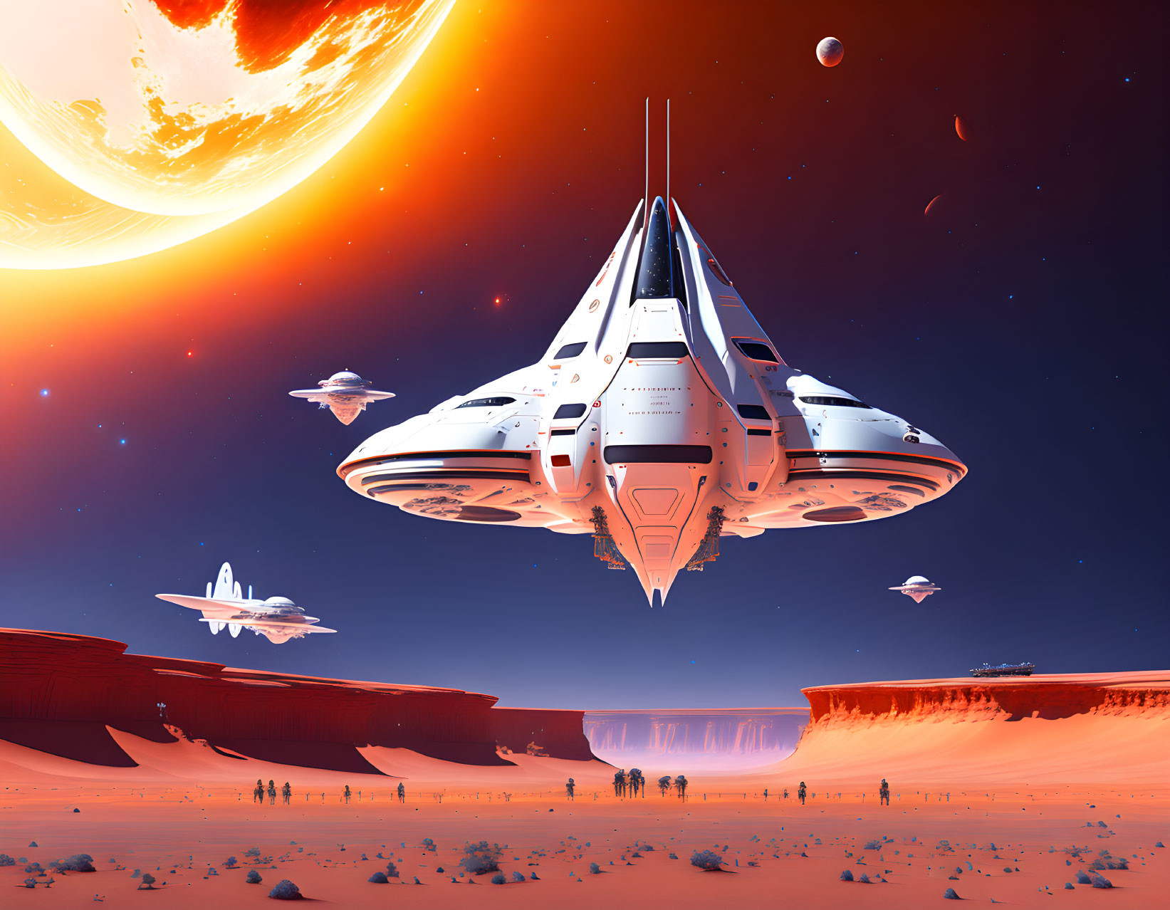 Futuristic spaceships land on alien desert planet with explorers and large reddish moon