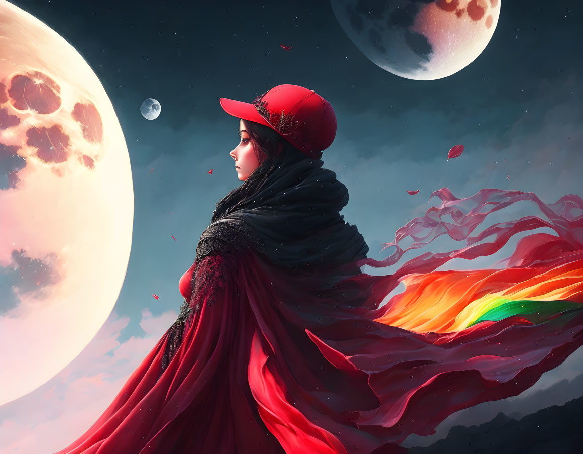 Person in red hood and cape under moons with floating petals