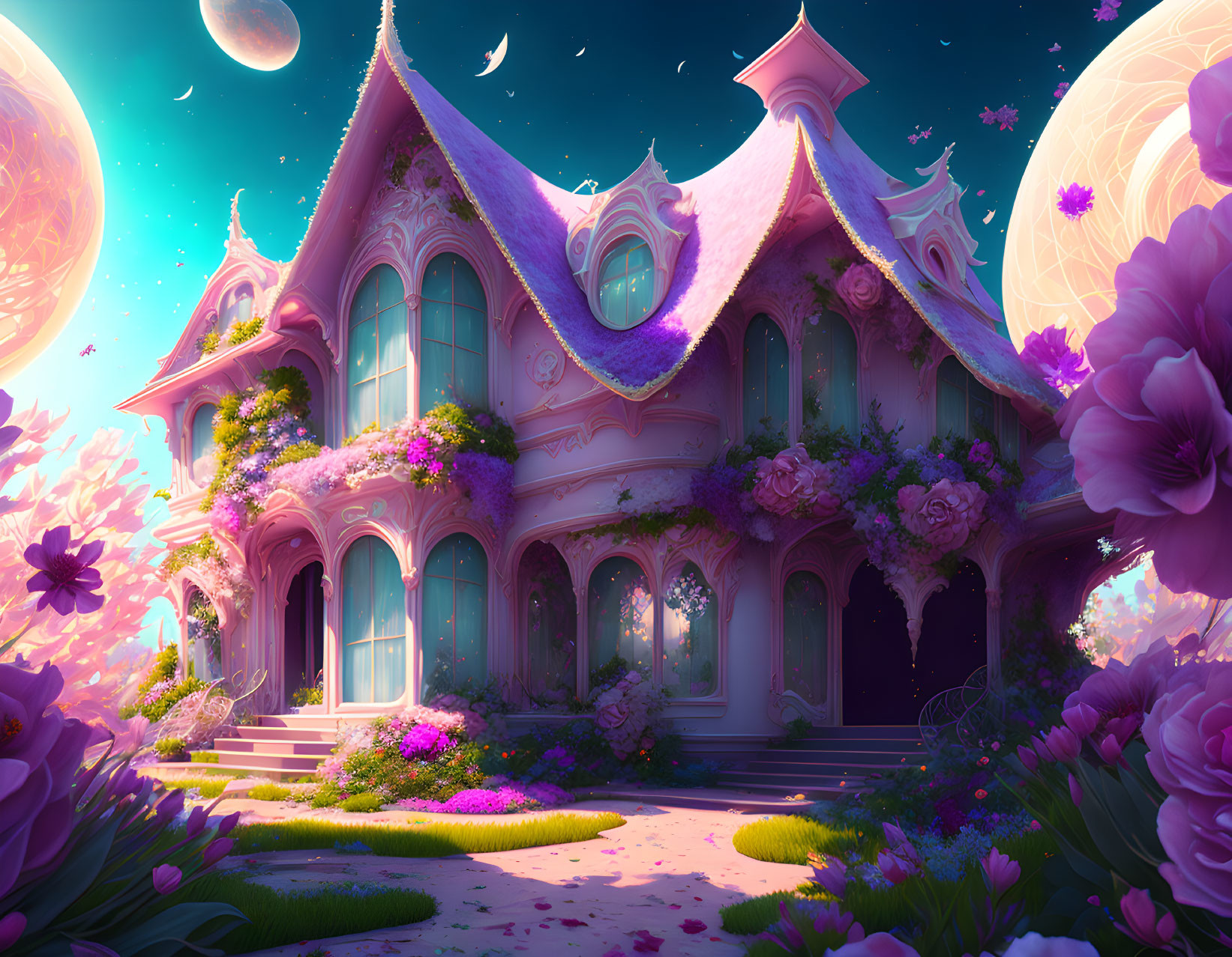 Pink Victorian-style house with purple flowers in magical garden under sky with distant planets.