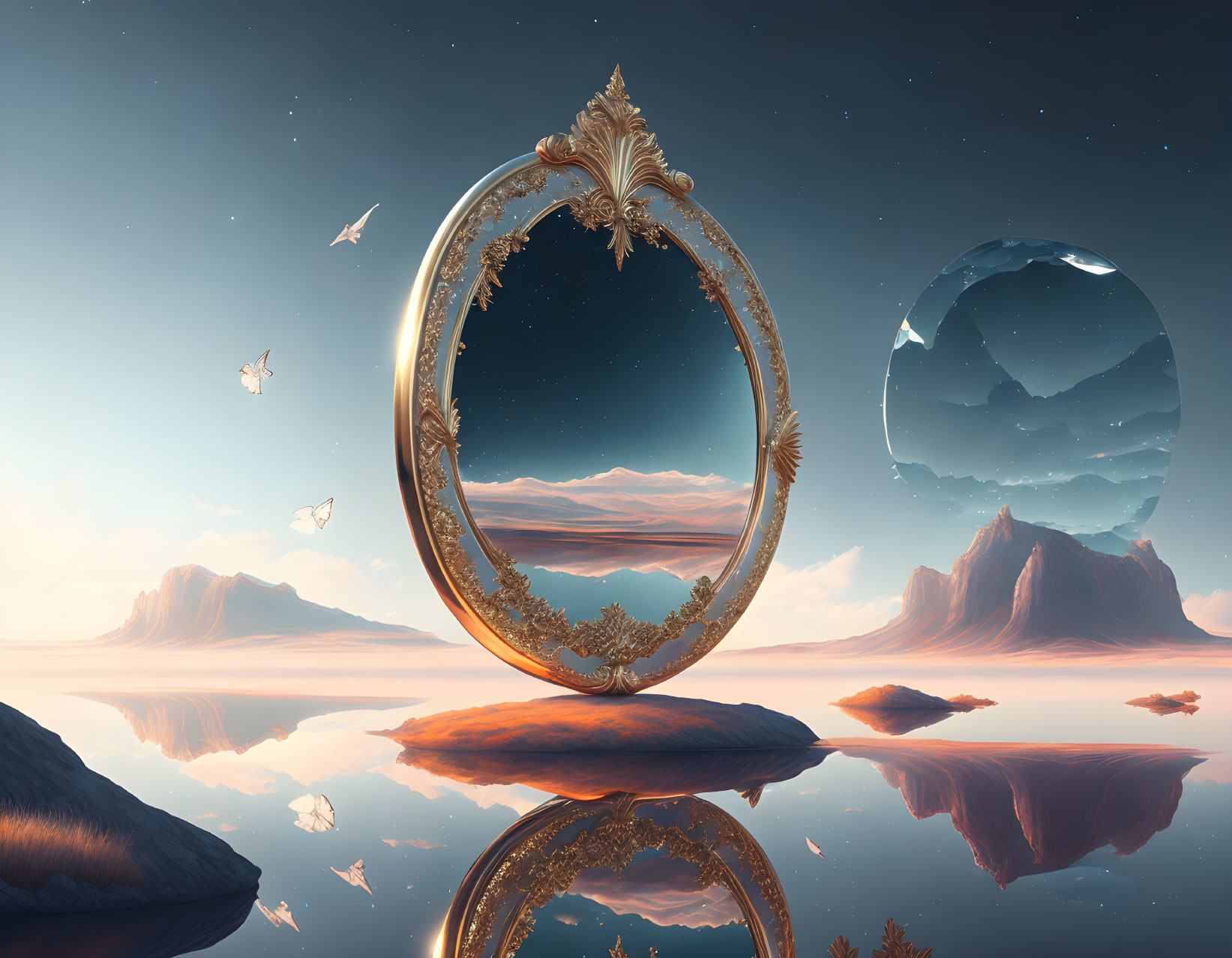Surreal landscape with ring mirror, mountains, water, butterflies
