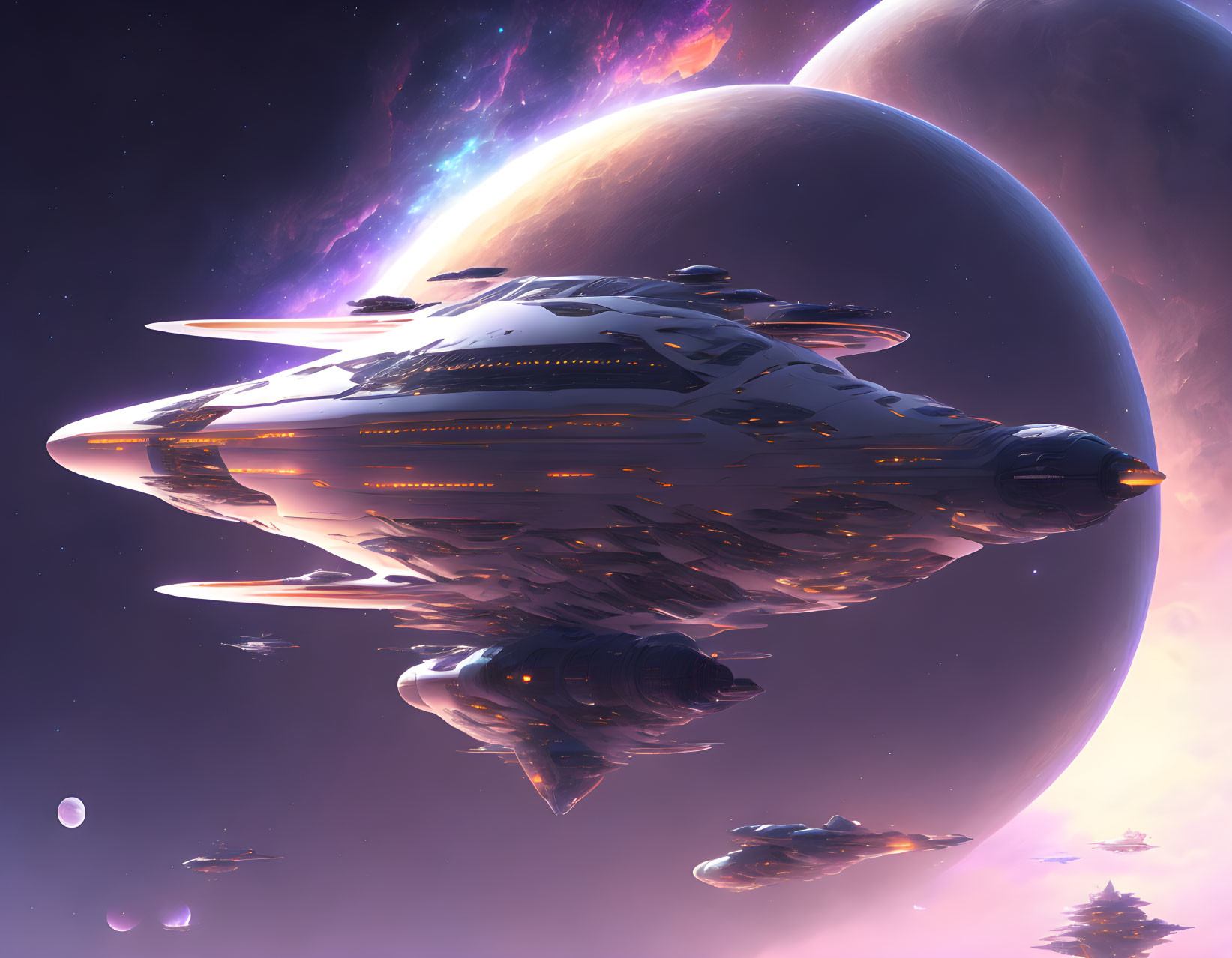 Futuristic spaceship in space with planets and nebulas