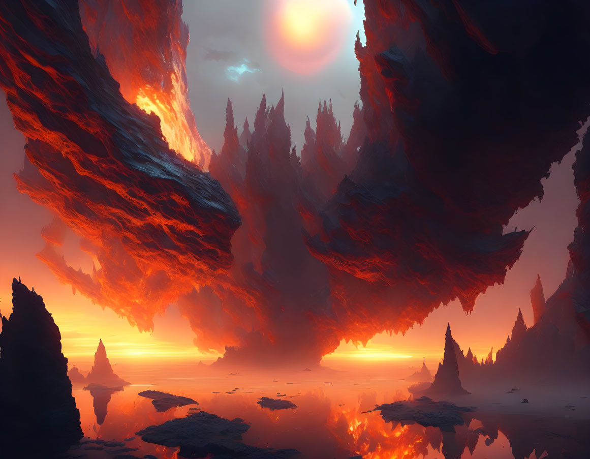 Fantastical landscape with towering rock formations under a fiery sky
