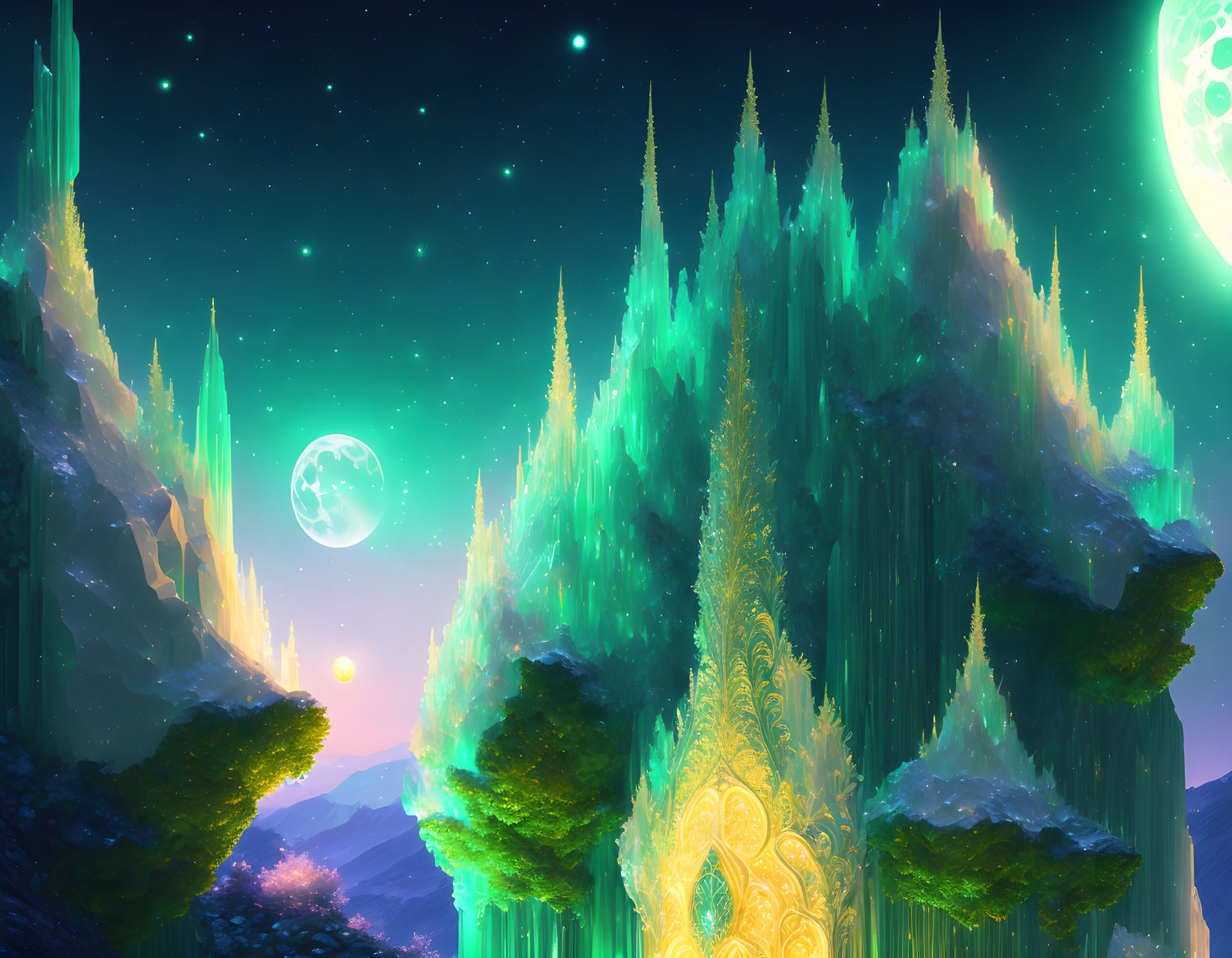 Ethereal fantasy landscape with luminescent trees, mountains, and moons