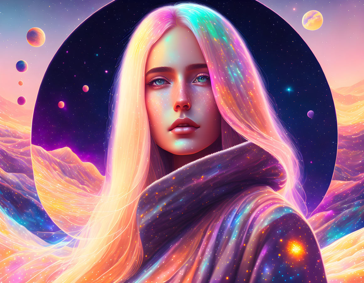 Vibrant cosmic digital artwork with woman silhouette blending in universe