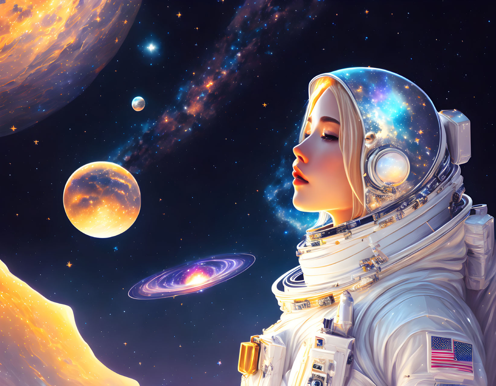 Astronaut in reflective visor views vibrant cosmic scene