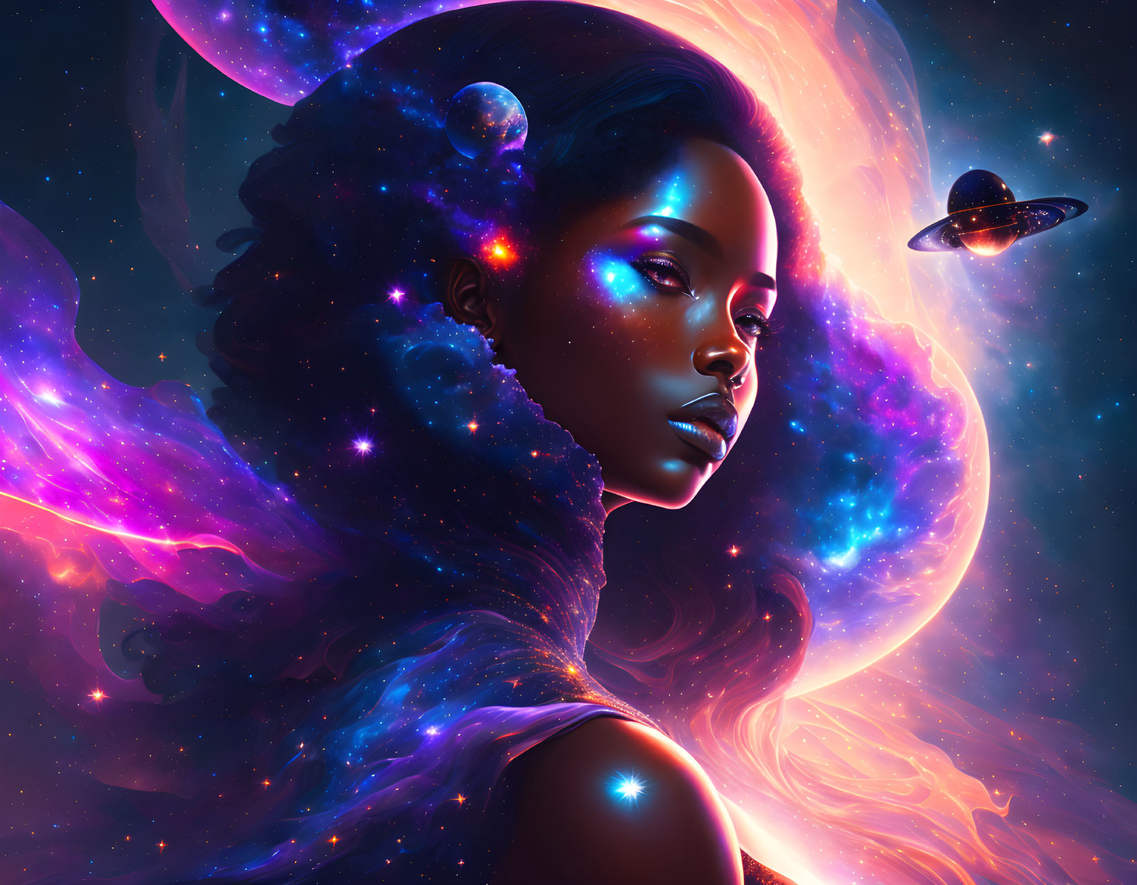 Cosmic-themed digital artwork of a woman with stars and planets against space.