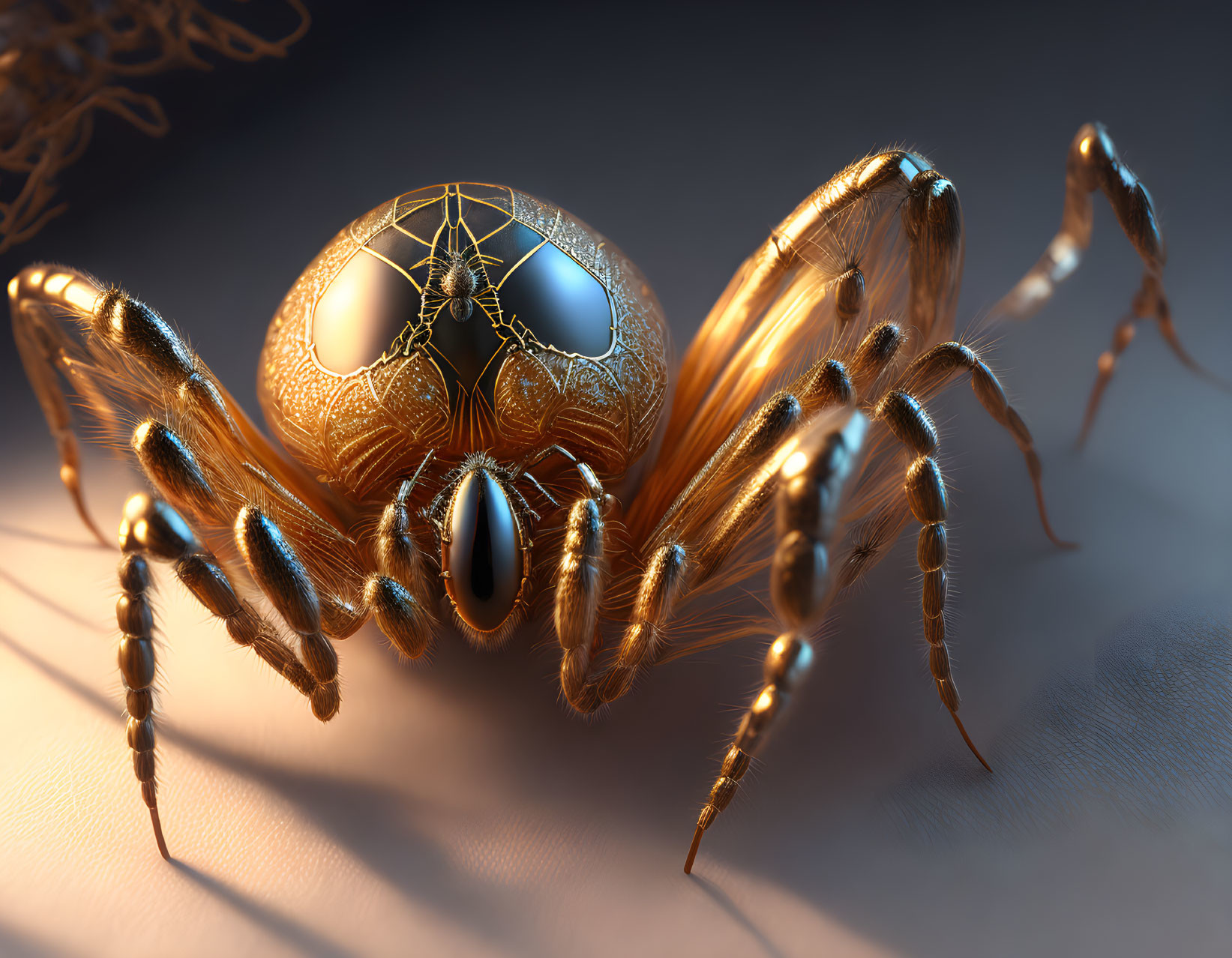 Golden Mechanical Spider with Glowing Eyes on Textured Surface