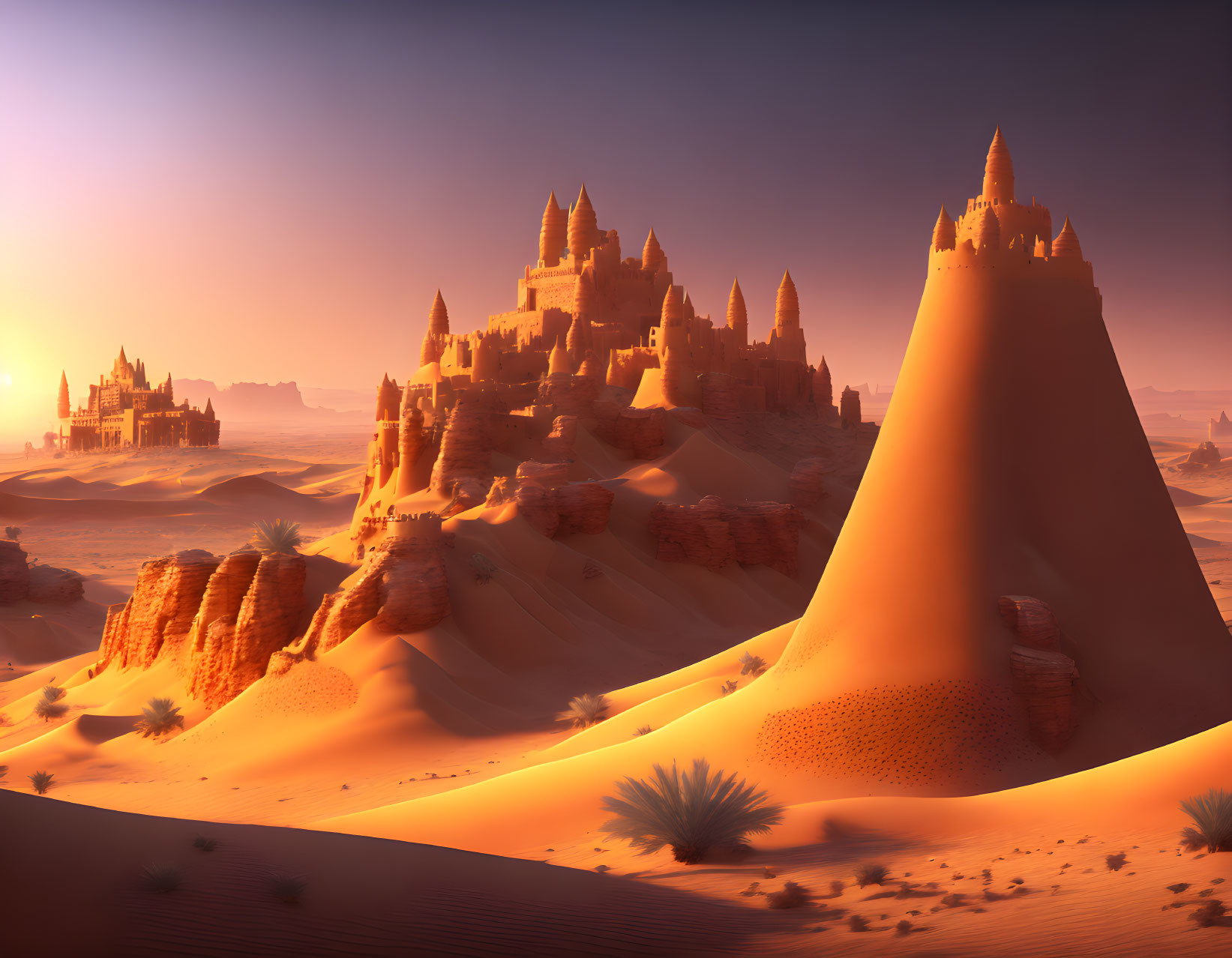 Fantastical desert scene with towering sandstone castles under hazy sunset sky