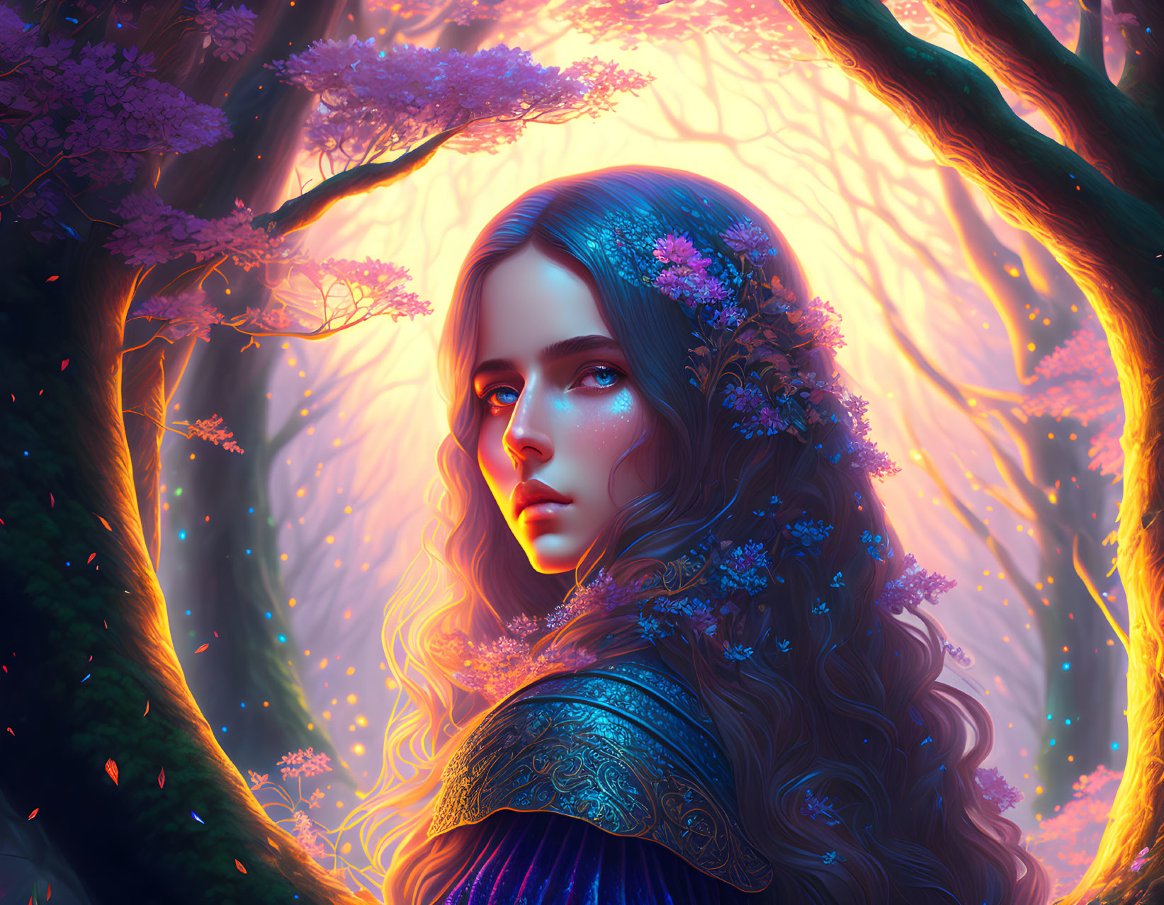 Enchanted portrait of a woman in twilight with cherry blossom trees