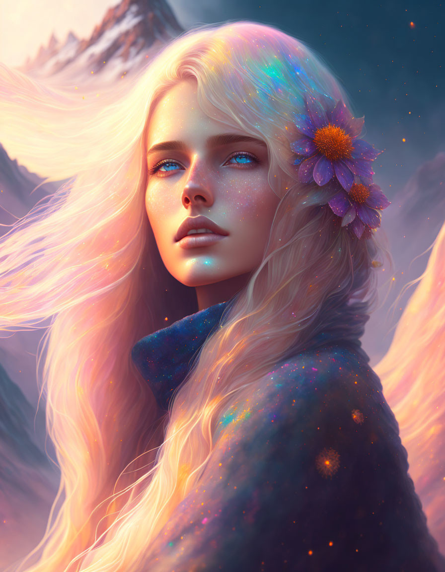 Portrait of young woman with radiant hair and star-like skin sparkles against snowy mountains at sunset